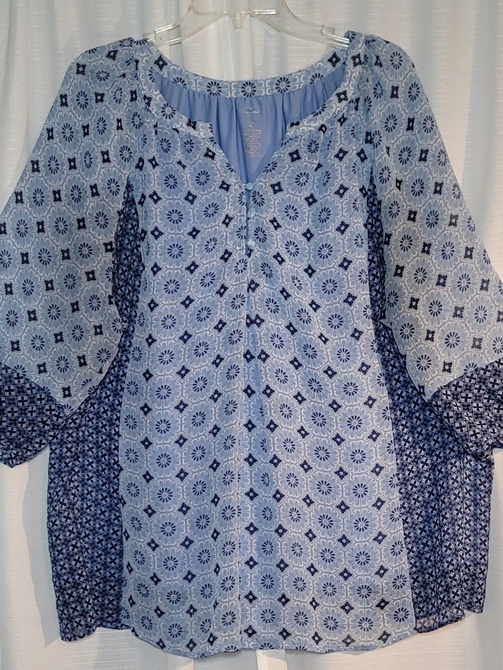 St John's Bay Sheer Sleeves Light Blue Patterned Women's Pullover Top